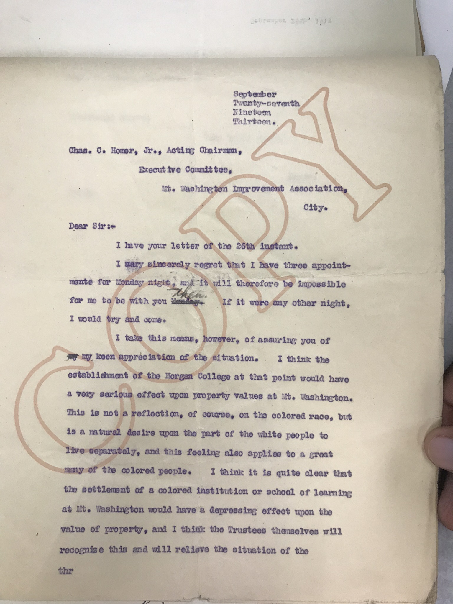 Letter from Mayor James Preston, 1913.