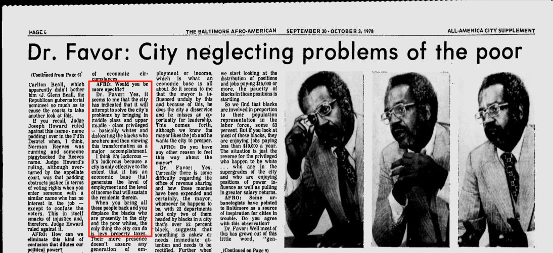 Dr. Homer Favor, Baltimore City Neglecting the Problems of the Poor in 1978